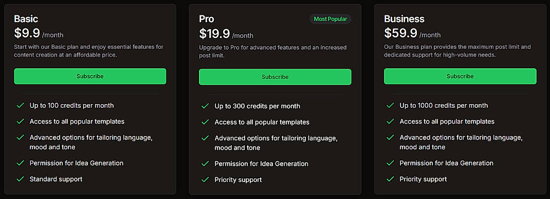 Pricing screenshot