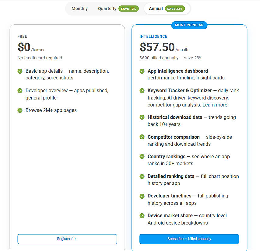 Pricing screenshot