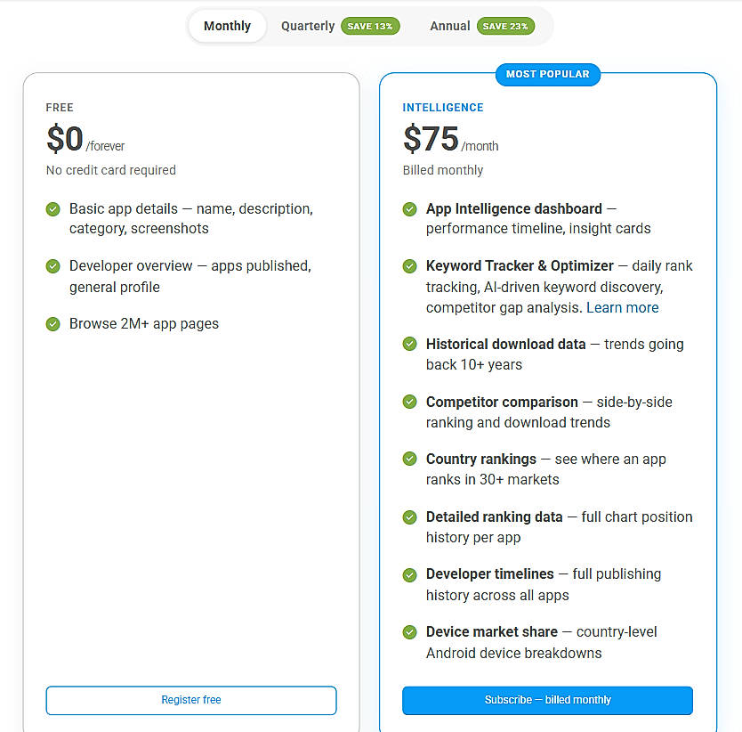 Pricing screenshot