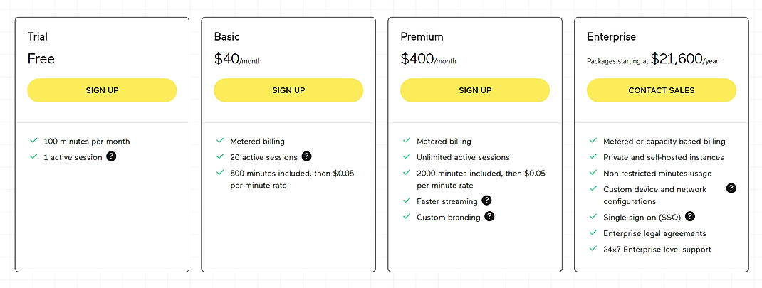 Pricing screenshot
