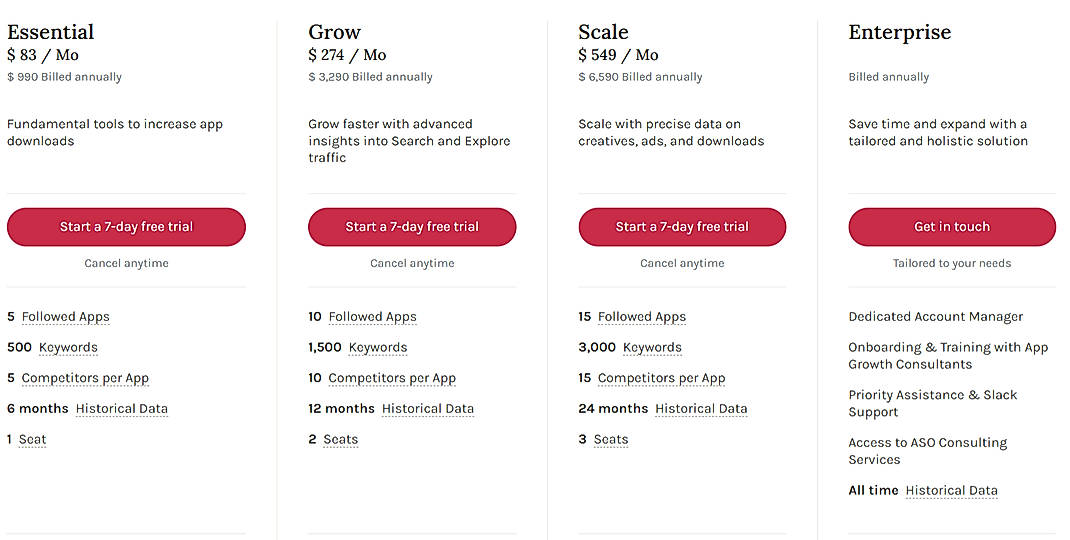 Pricing screenshot