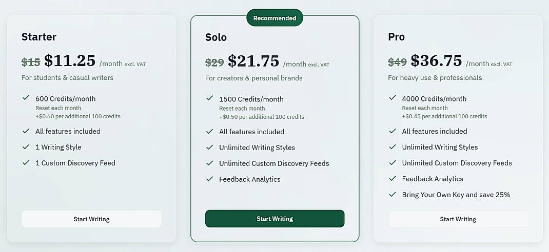 Pricing screenshot
