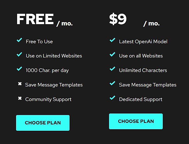 Pricing screenshot