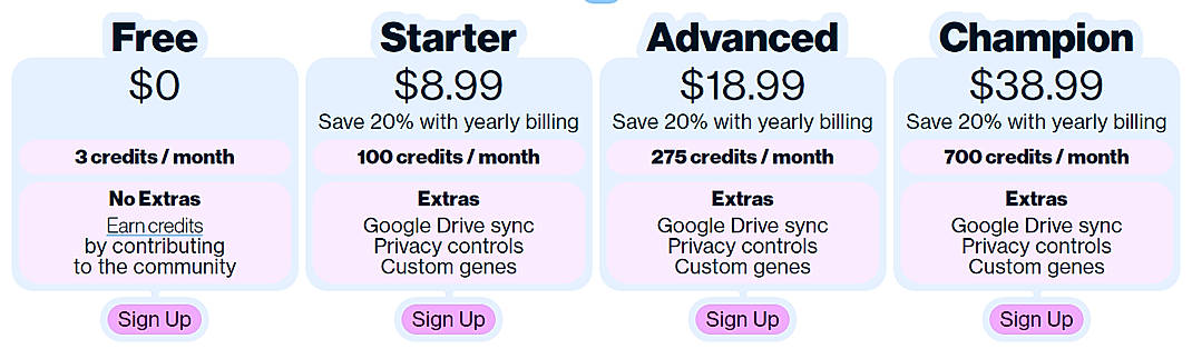 Pricing screenshot
