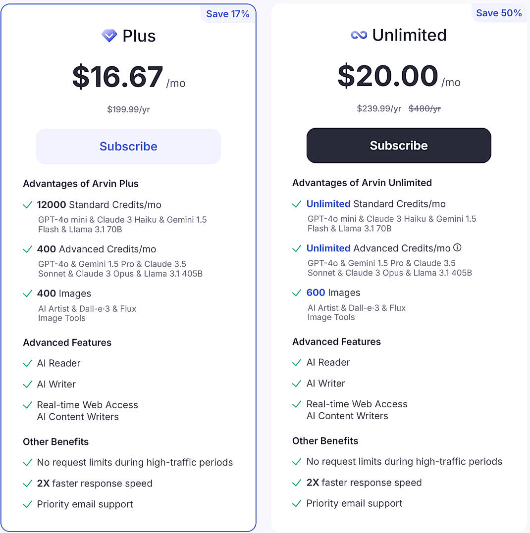 Pricing screenshot