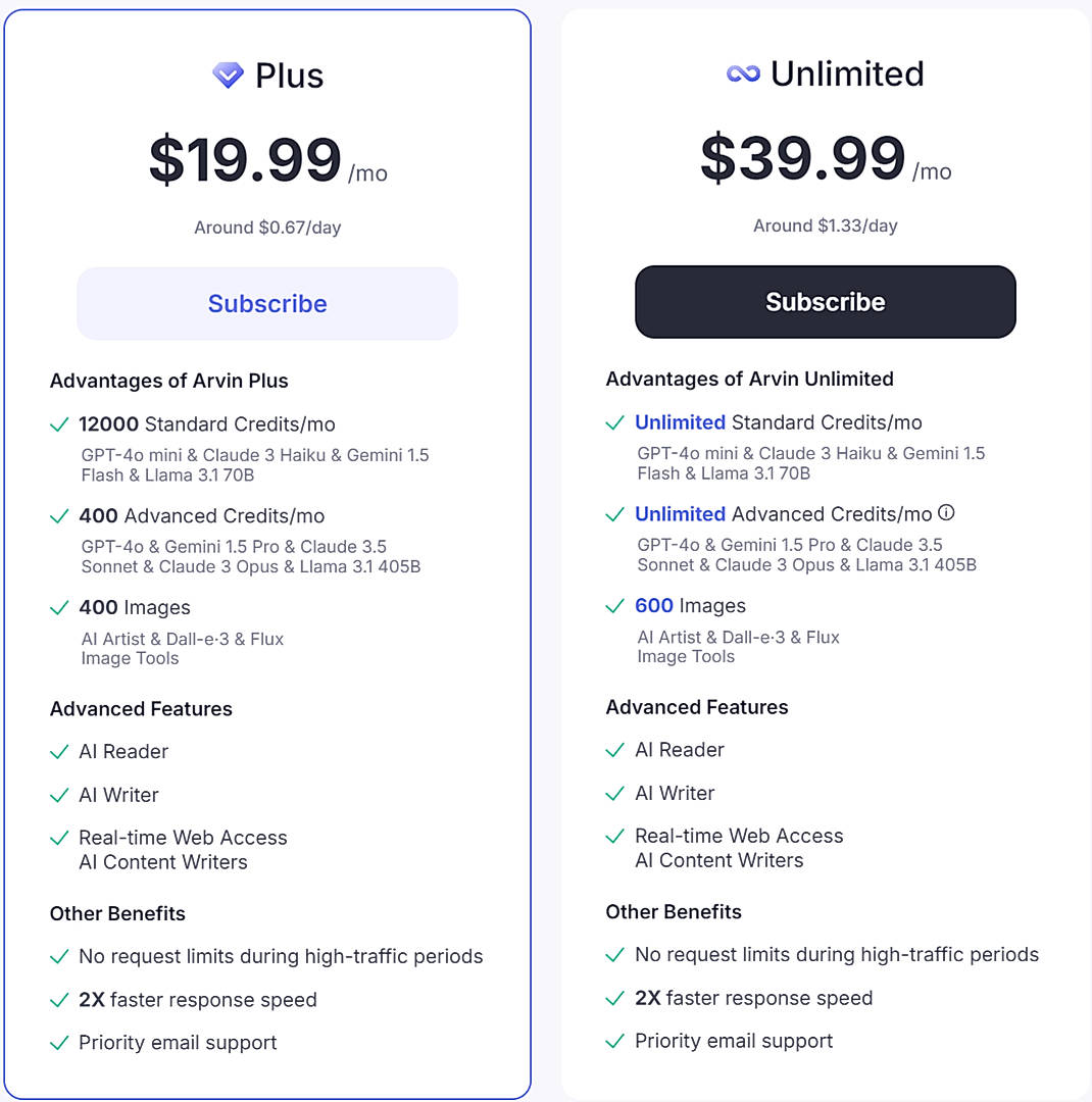 Pricing screenshot