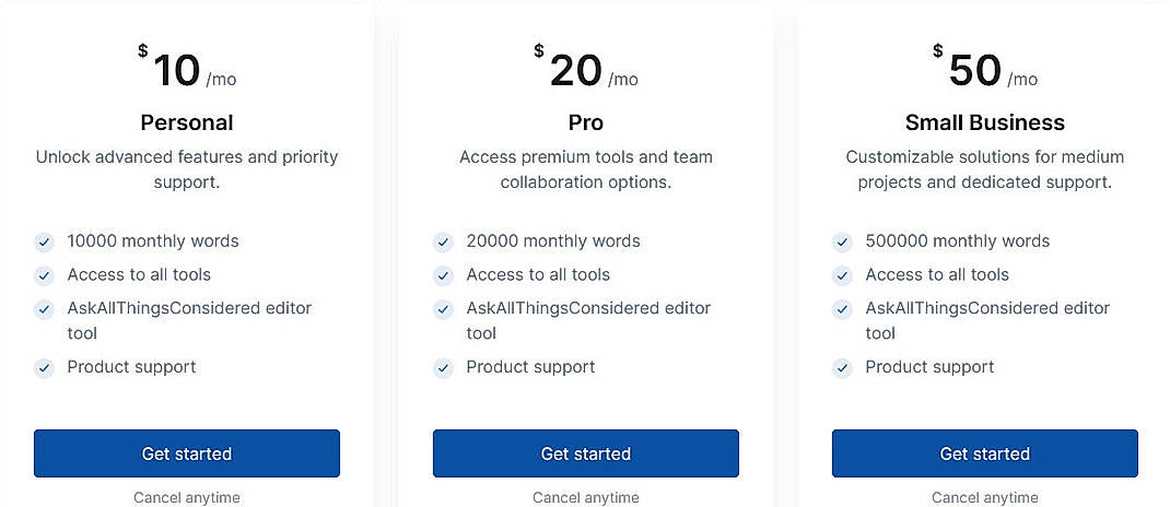 Pricing screenshot