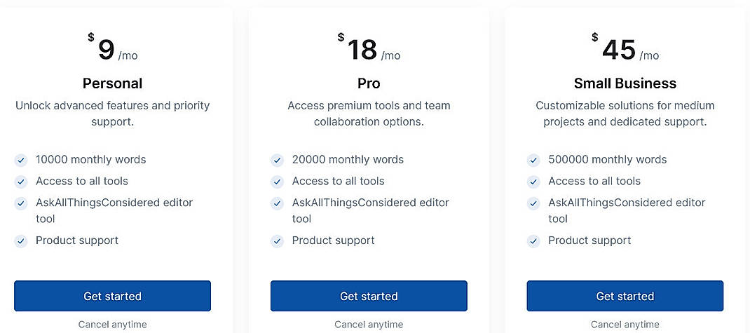 Pricing screenshot