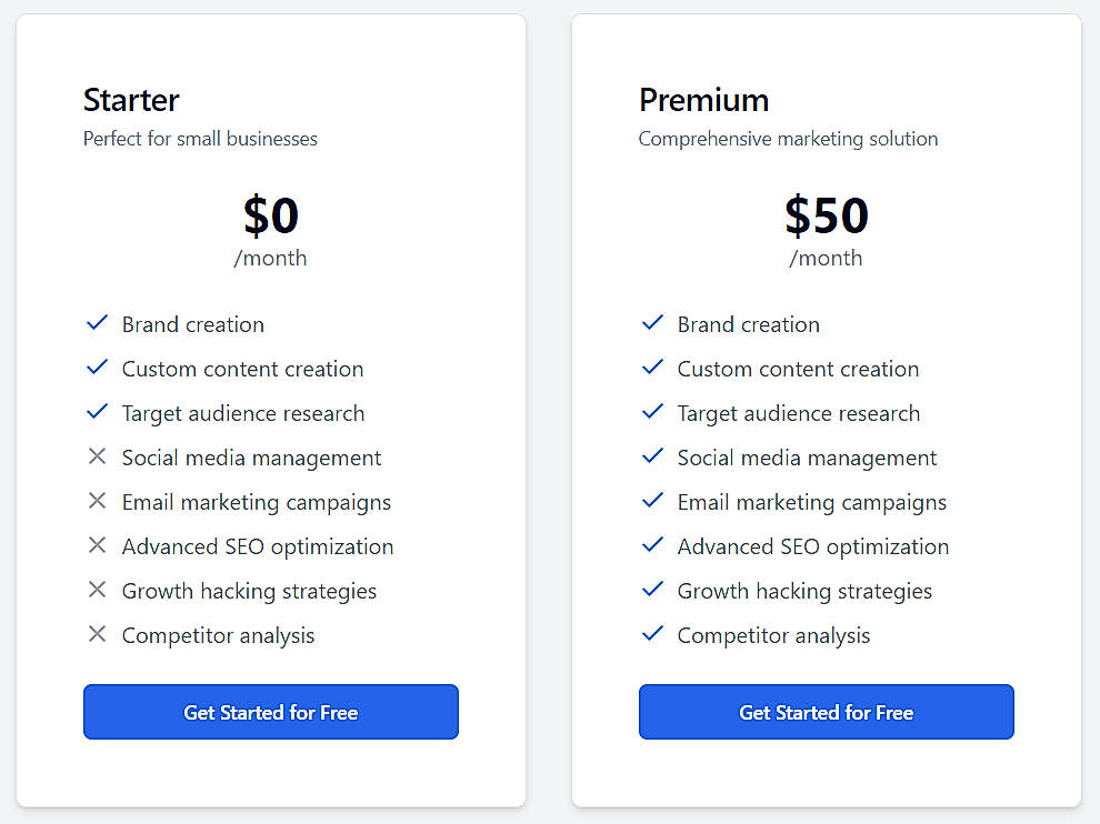 Pricing screenshot