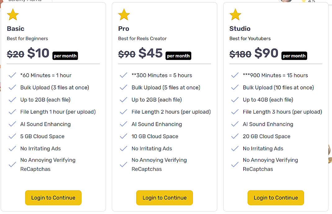 Pricing screenshot