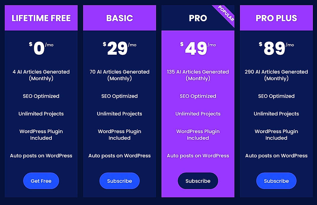 Pricing screenshot