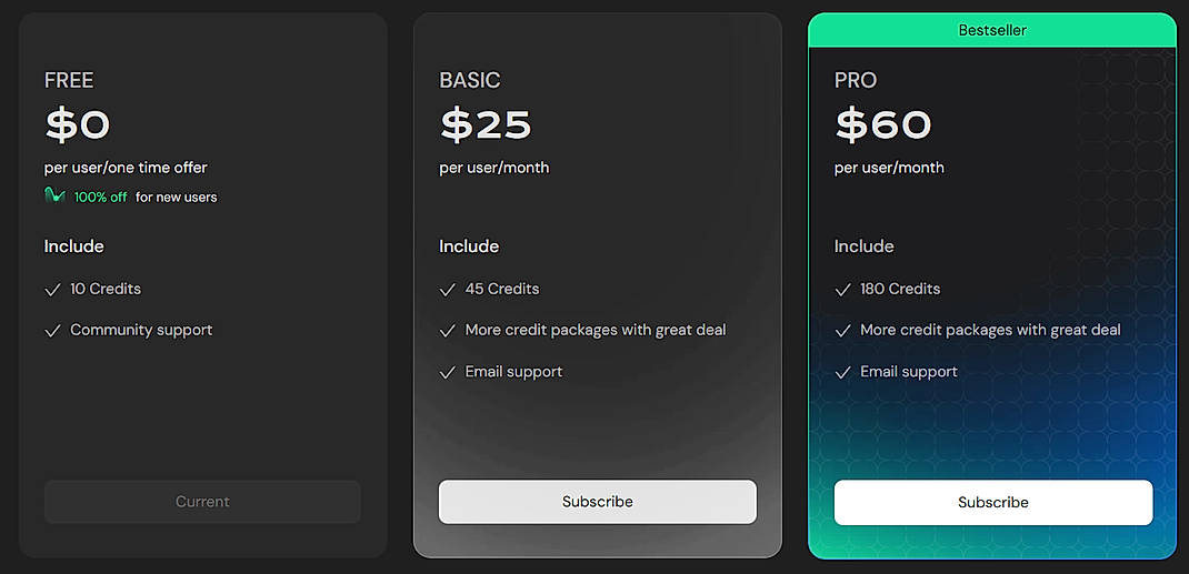 Pricing screenshot