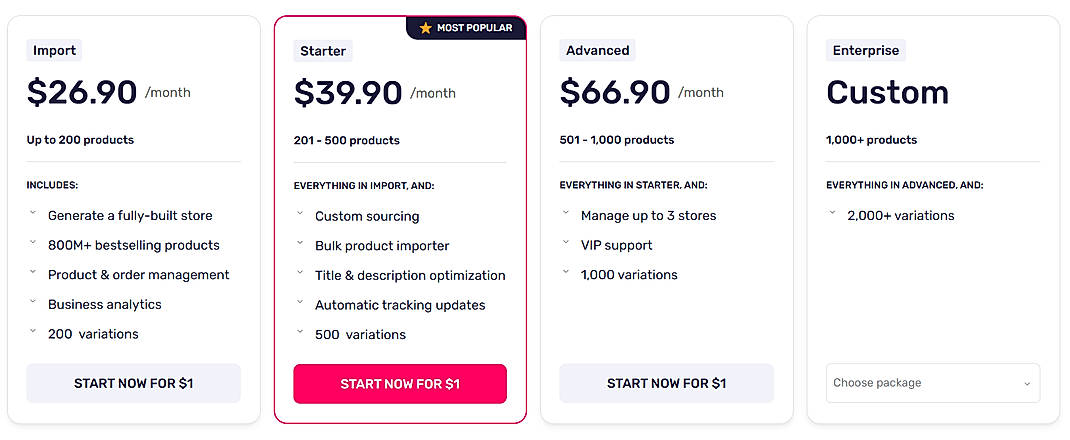 Pricing screenshot