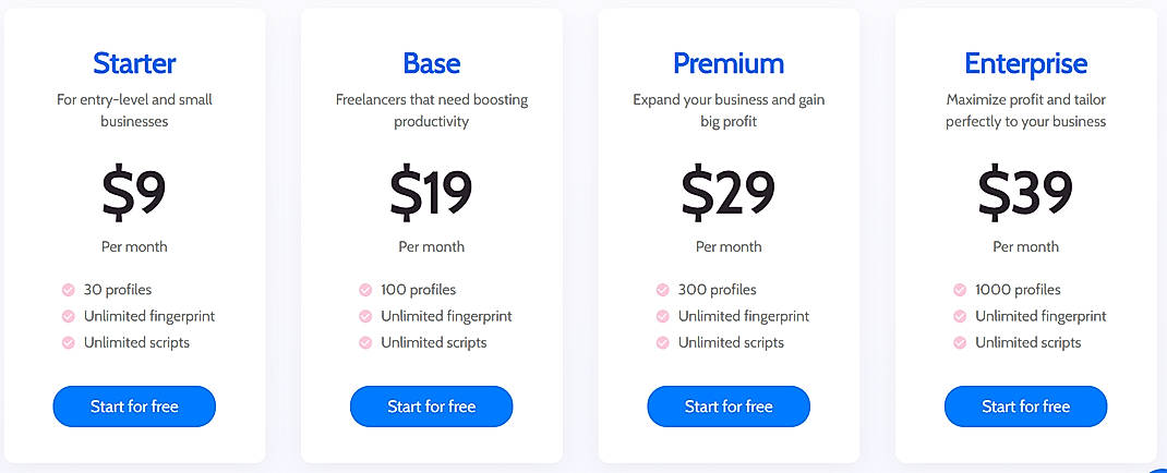 Pricing screenshot