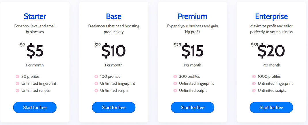 Pricing screenshot