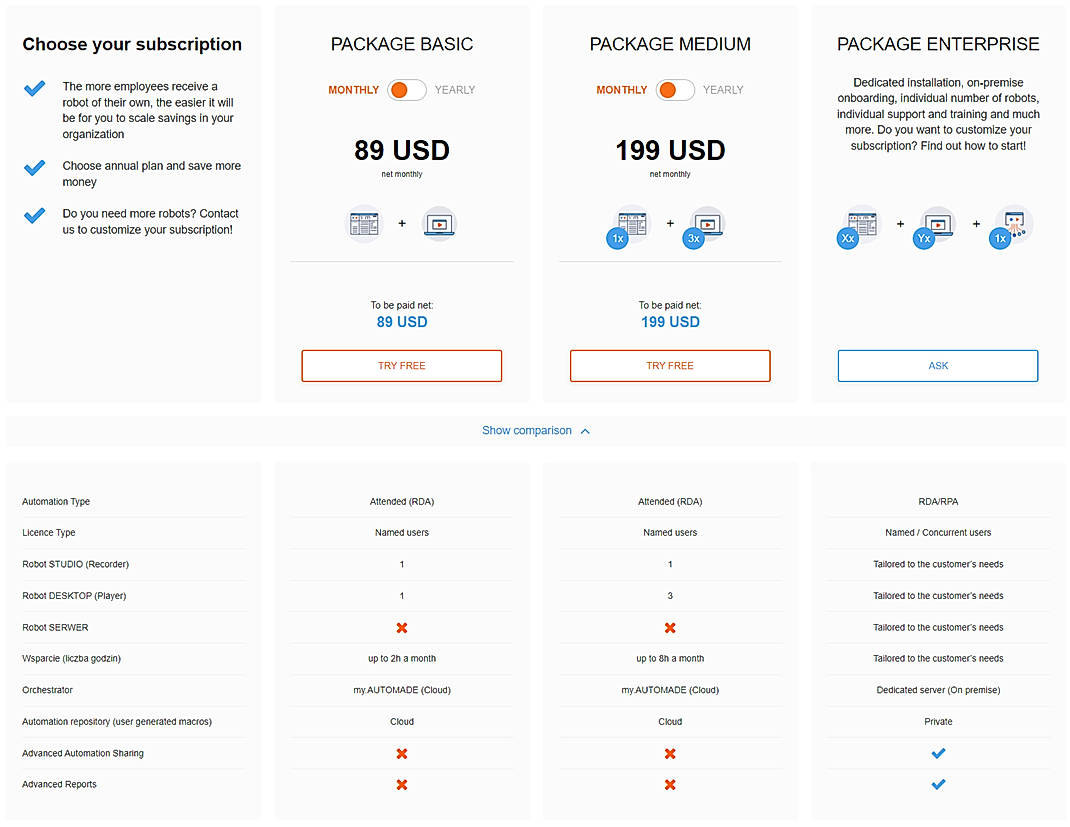 Pricing screenshot