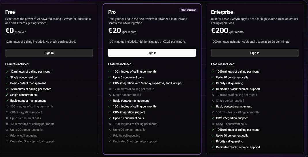 Pricing screenshot