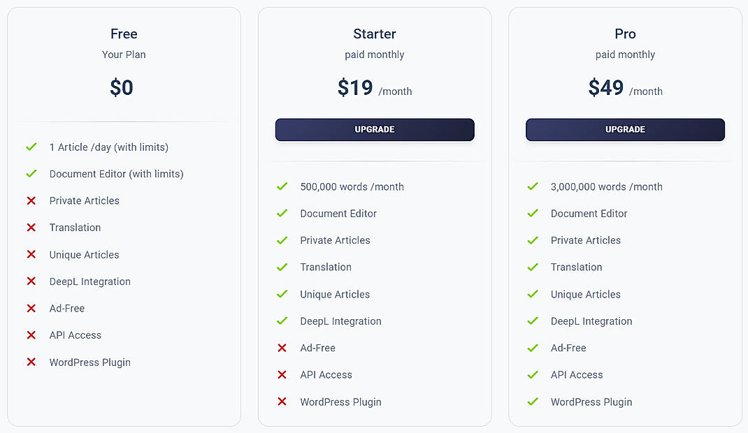 Pricing screenshot