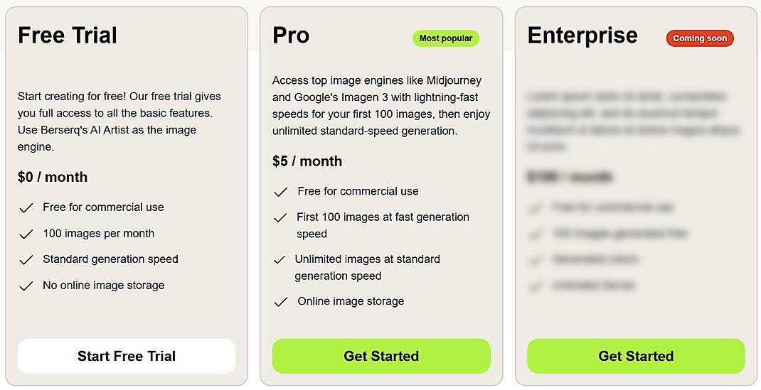 Pricing screenshot