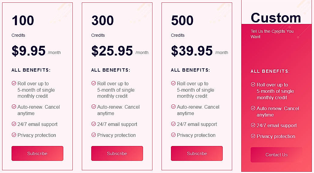 Pricing screenshot