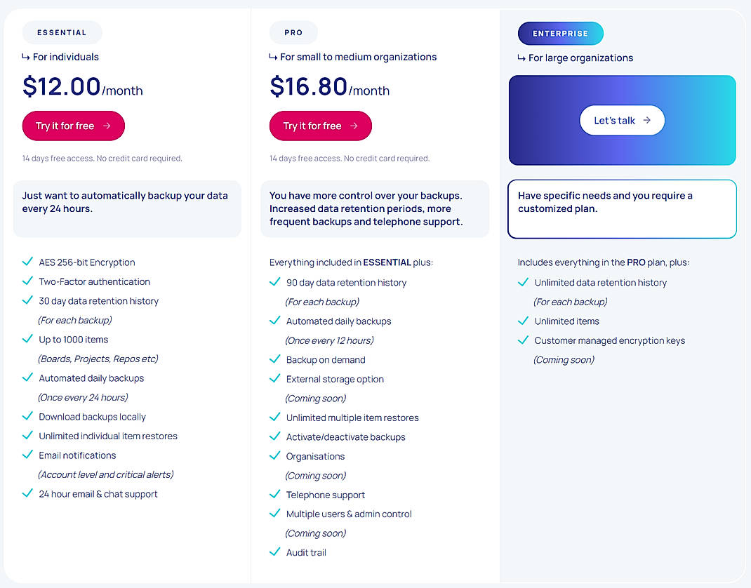 Pricing screenshot