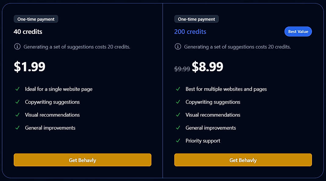 Pricing screenshot