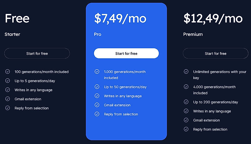 Pricing screenshot