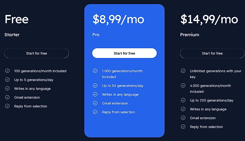 Pricing screenshot