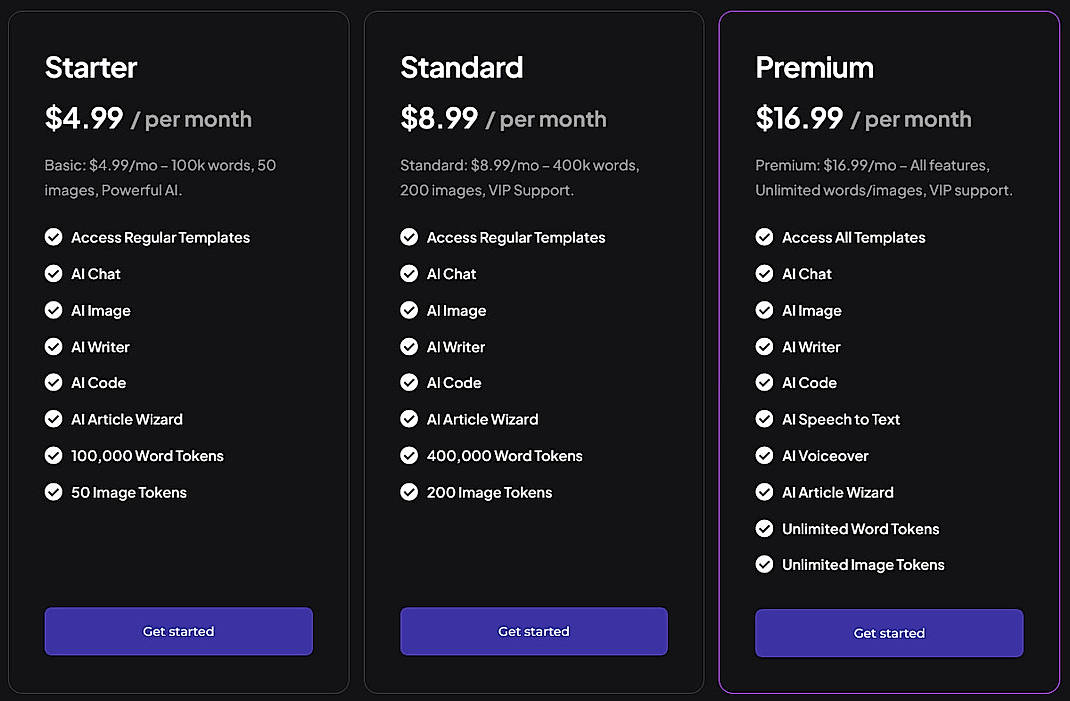 Pricing screenshot