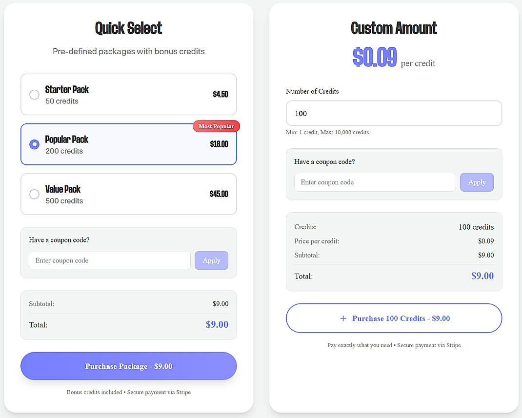 Pricing screenshot