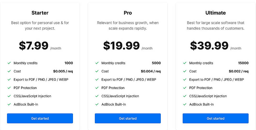 Pricing screenshot