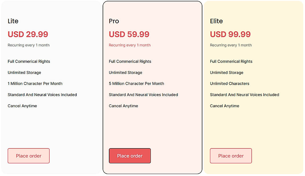 Pricing screenshot