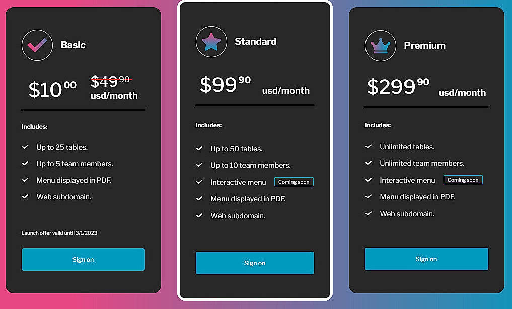 Pricing screenshot