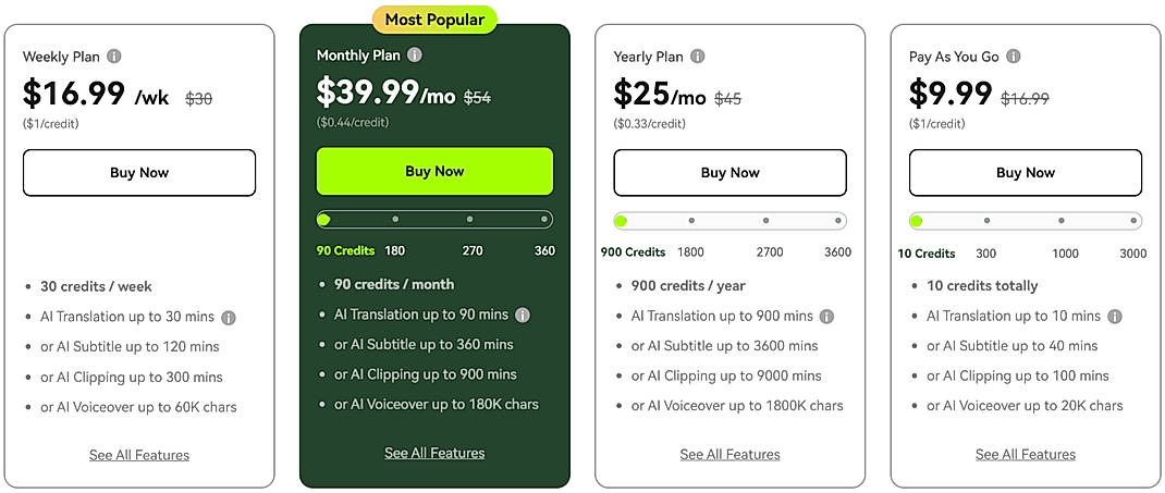 Pricing screenshot