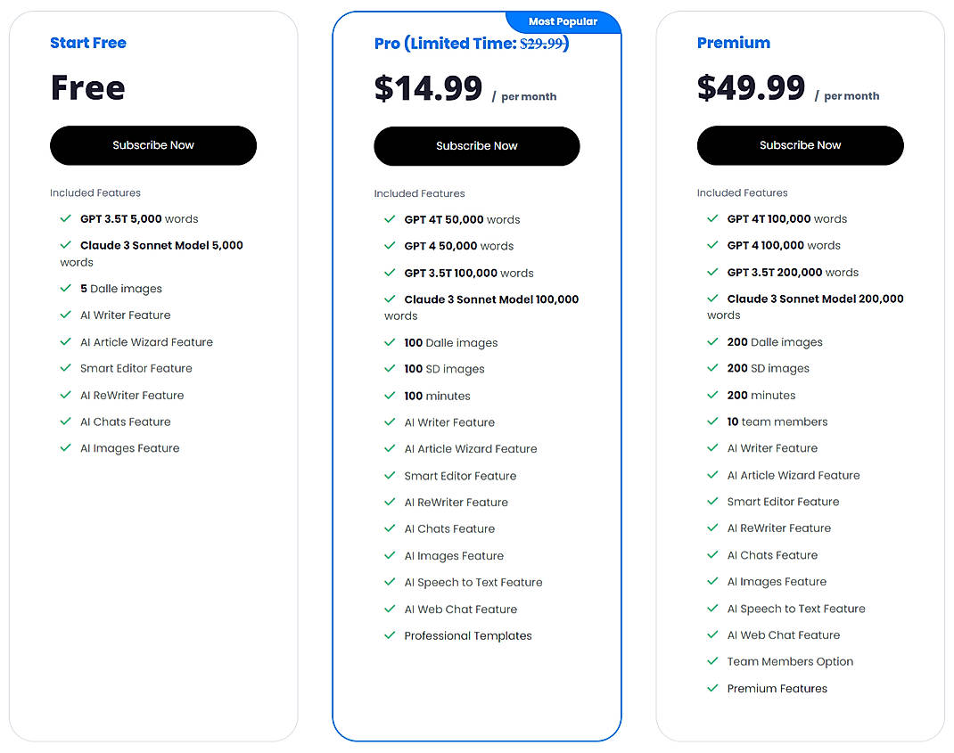 Pricing screenshot