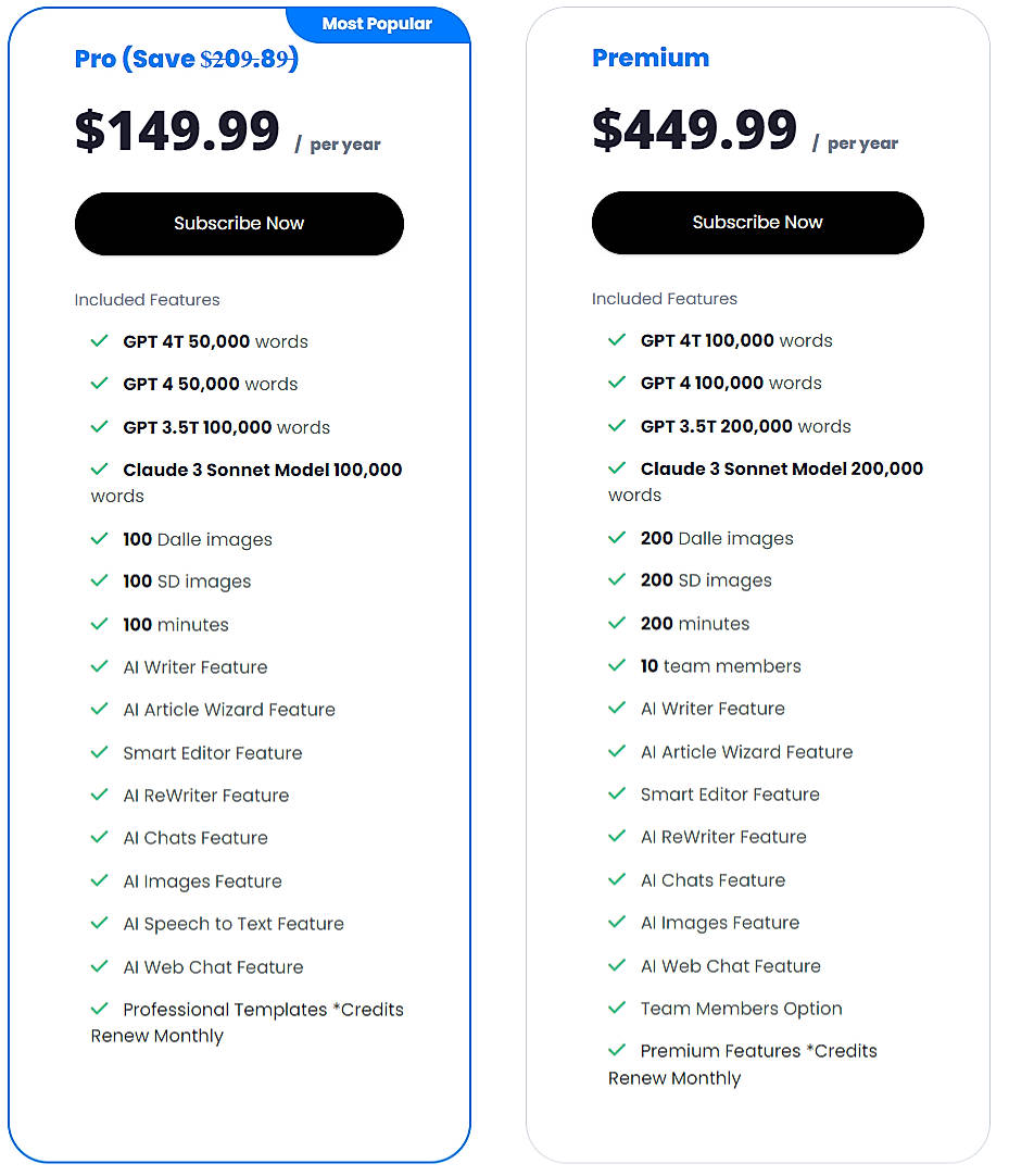 Pricing screenshot