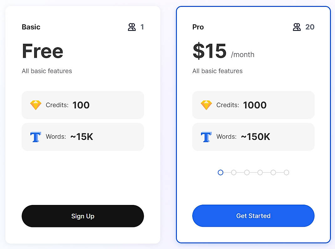 Pricing screenshot