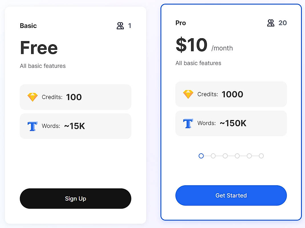 Pricing screenshot