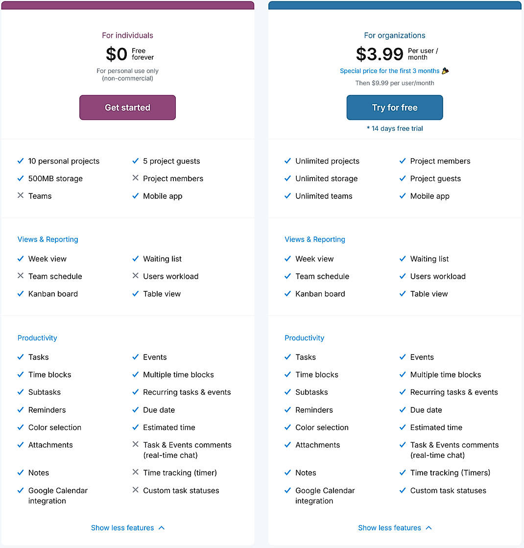 Pricing screenshot