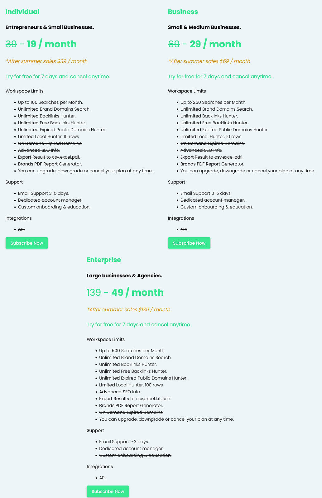 Pricing screenshot