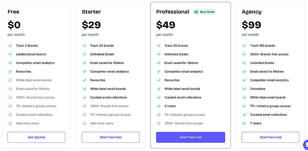 Pricing screenshot