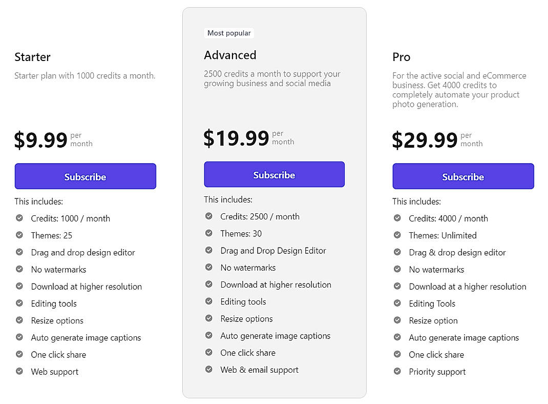 Pricing screenshot
