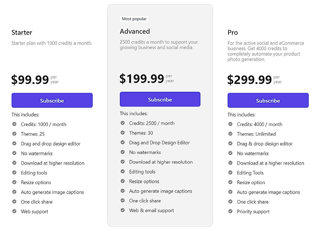 Pricing screenshot