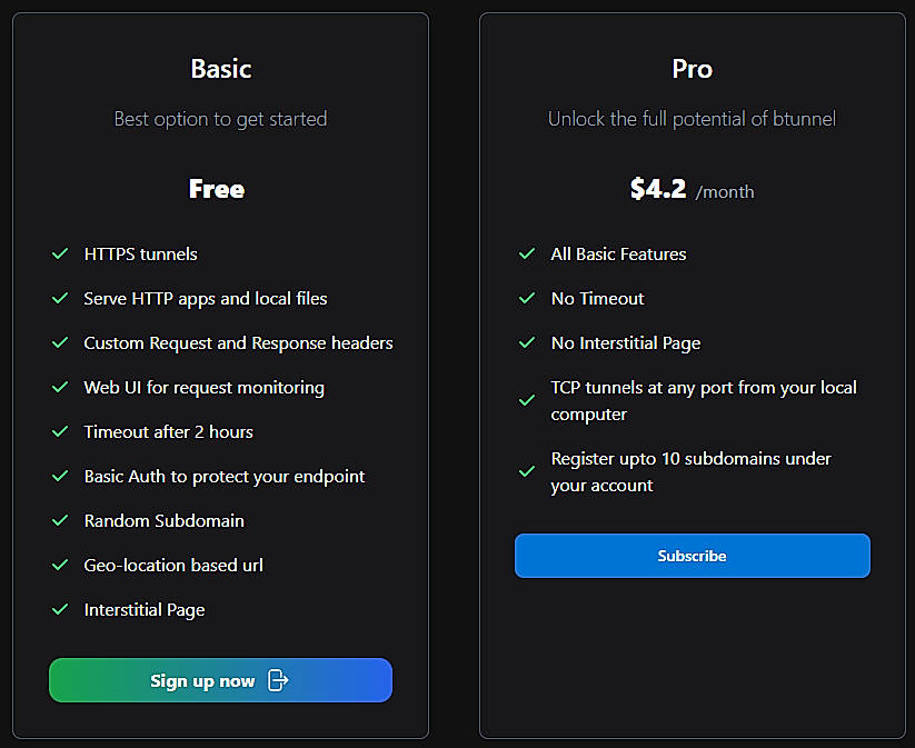 Pricing screenshot