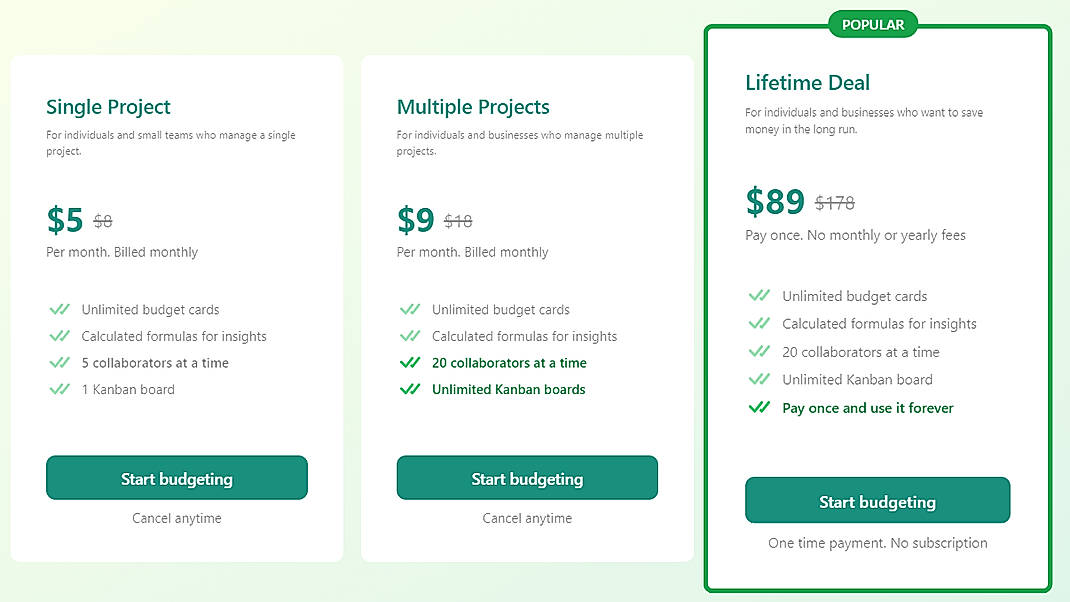 Pricing screenshot