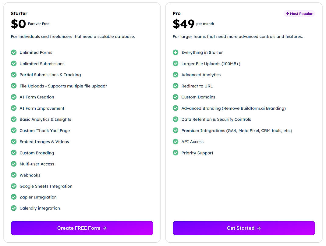 Pricing screenshot