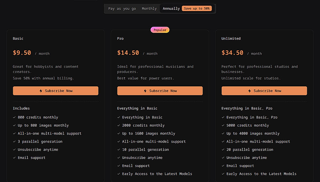 Pricing screenshot