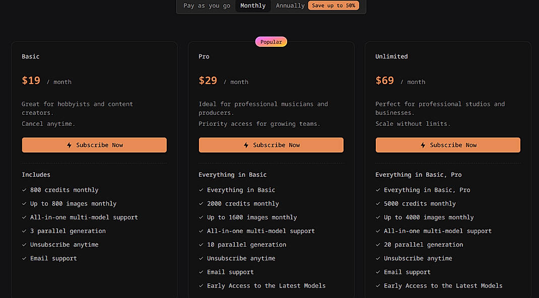 Pricing screenshot