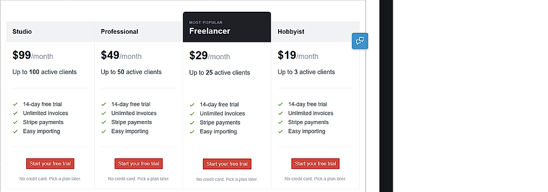 Pricing screenshot