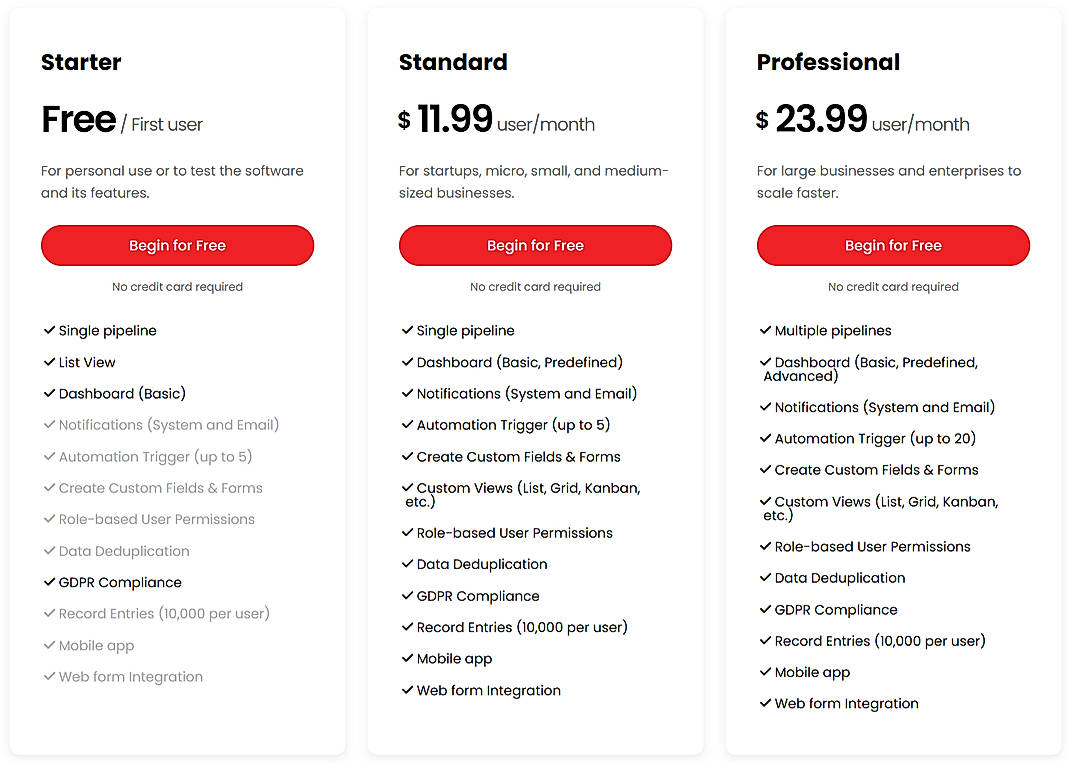 Pricing screenshot